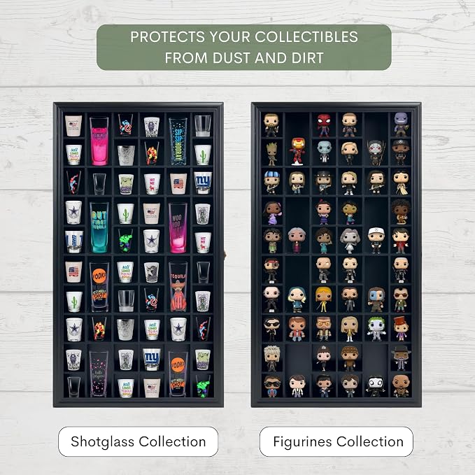 Shot Glass Display Cabinet Solid Wood - Large Display Case for Collectibles | Man Cave Accessories | UV Protection Acrylic Door | Wall Mounted Black Shadow Box | 52 Divided Slots | 32" x 17"