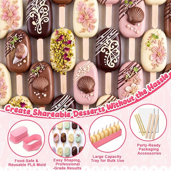 3in Cakesicle Cutter with 9in Tray, Cakesicle Mold Set with 100 Sticks, 100 Bags and 100 Ribbons, Baking Tools for Home Baking, Birthday Parties, Wedding Desserts(Pink,3in,Single Slot)