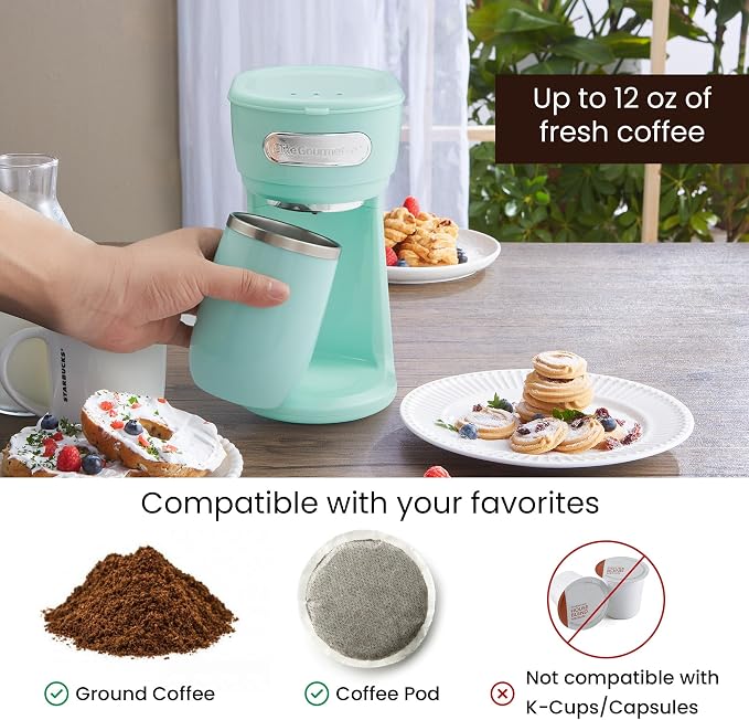 Elite Gourmet EHC242M Personal Single-Serve Compact Coffee Maker Brewer Includes 12oz. Dual Wall, Travel Mug with Stainless Steel Interior, Compatible with Coffee Grounds, Reusable Mesh Filter, Mint