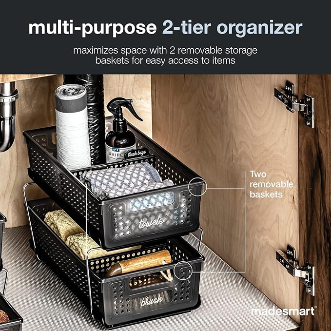 madesmart 2-Tier Plastic Multipurpose Organizer with Divided Slide-Out Storage Bins, Under Sink & 2-Tier Plastic Multipurpose Organizer with Divided Slide-Out Storage Bins