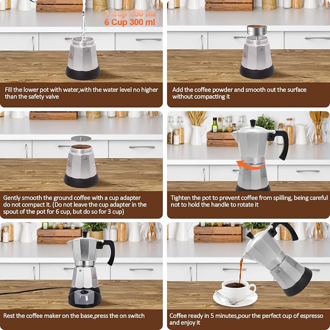 Electric Aluminum Moka Pot 3-6 Cup 150-300ml Stovetop Espresso Maker Portable Electric Expresso Pot Mocha Pot Percolator Italian Coffee Makers Greca Machine Cafe Classic for Home Camping