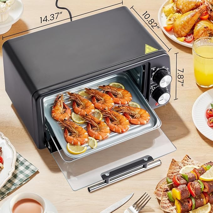 Elite Gourmet ETO449 Countertop Toaster Oven, 9.5Qt / 4-Slice Capacity, Fits 8'' Pizza, 800W Quartz Heating, 200–450°F Adjustable Temperature, 30-Min Timer, Compact Mini Oven w/Bake Pan & Rack, Black