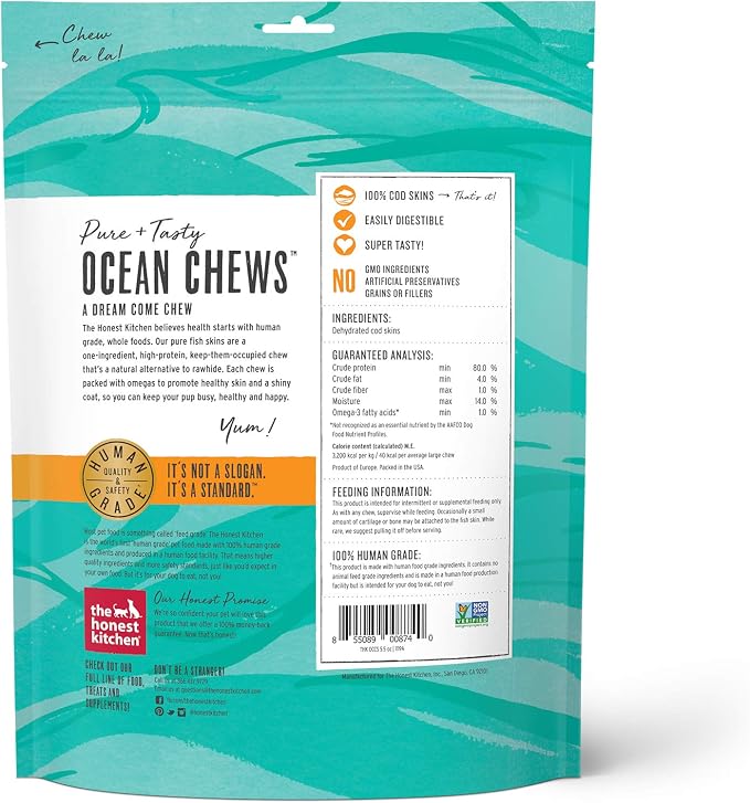 The Honest Kitchen Human Grade Ocean Chews Crispy Cod Fish Skins Dog Treats, 5.5 Ounces