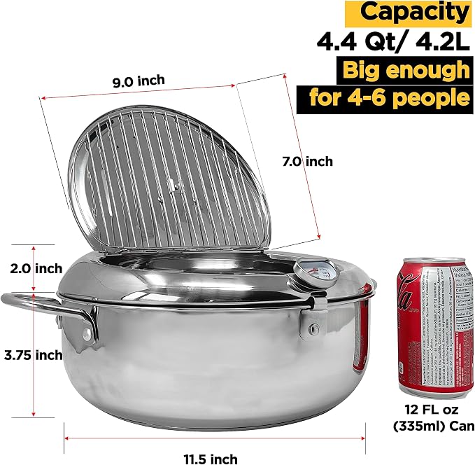 Saltlas Deep Fryer Pot (°F), 11"/4.4Qt (4.2 L) Extra Large Tempura Frying Pot with Lid, 304 Stainless Steel Fry Pot with Fahrenheit Thermometer and Oil Drip Drain Rack