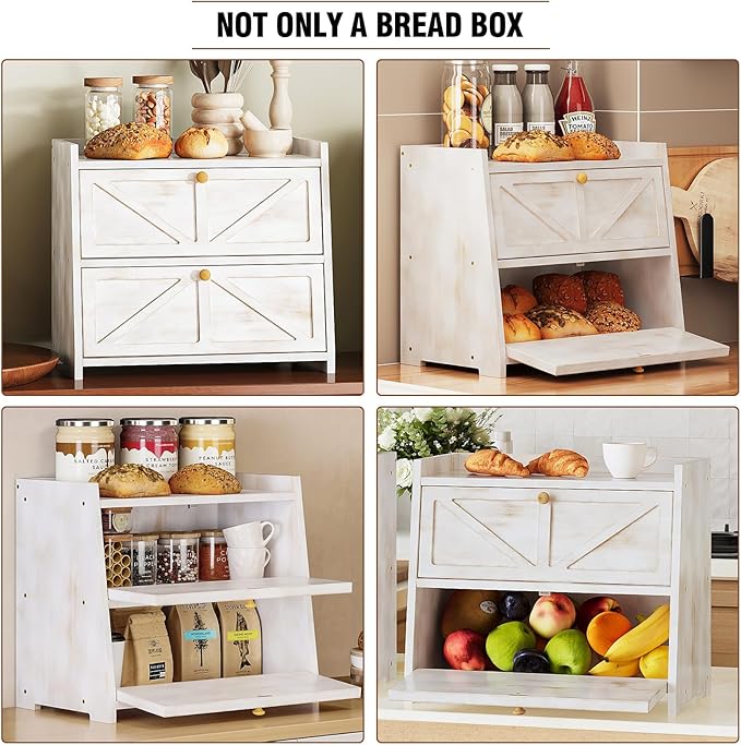 Trironsun Vintage Double Layer Bread Box for Kitchen Counter Bamboo Bread Storage Container Large Capacity Bread Storage Bin (Antique White)