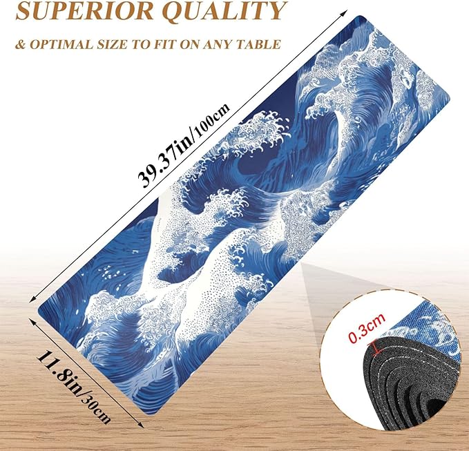 2 in 1 Table Runner Trivet for Hot Pots and Pans Heat Resistant Non Slip Waterproof 39 x 12 Inch Decorative Table Protector for Kitchen Countertop Japanese Deep Blue Sea Waves