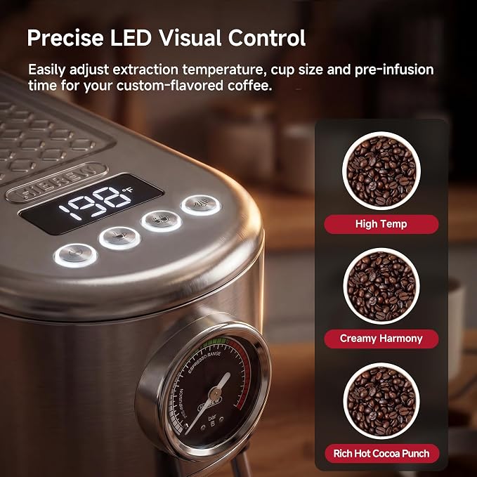 HIBREW H10B Programmable Espresso Machine with LED Display & Pressure Gauge | 20 Bar Compact Stainless Steel Coffee Maker with Milk Frother, 51mm Portafilter for Cappuccino Latte