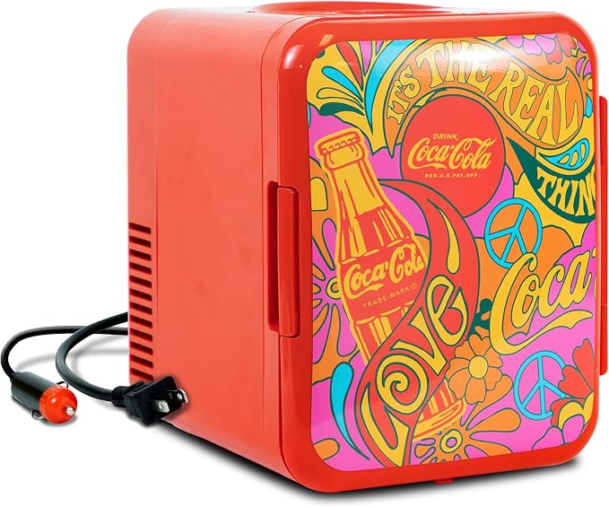 Coca Cola Mini Fridge - Refrigerator for Bedroom Office, Portable Table Top Beverage Cooler, 12V 110V Refrigerador For Drinks, Soda, Wine, Use In Car, Dorm, Outdoor, Patio, 6 Can