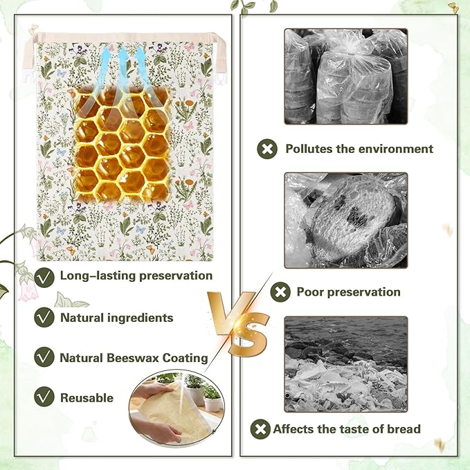 Reusable Beeswax Bread Bags for Homemade Bread Sourdough (2 Pcs 13x17in Bags + 10in Bowl Cover) Floral Cotton 100% Natural Beeswax Coating, Plastic-free Food Storage Wrap(Flower Butterfly)