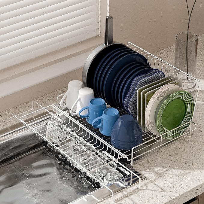 Dish Drying Rack - Stainless Steel Expandable Large Dish Drainer for Kitchen Counter, with Stainless Drain Board Rustproof Collapsible Organizer Space Saving