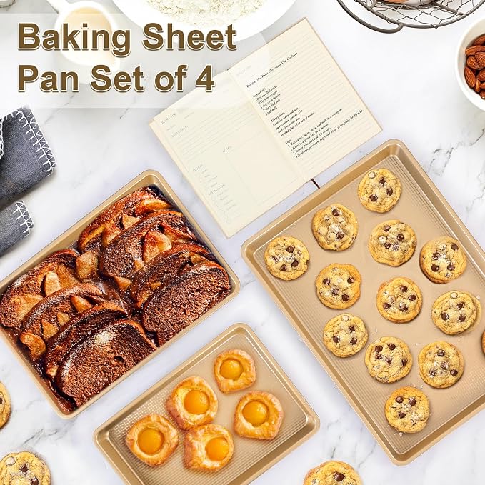 4Pcs Bakeware Set | 3 Baking Sheets and 1 Recipe Notebook Combo | Nonstick Cookie Sheets for Baking Supplies | No Rust & No Toxic Heavy Duty 3 Baking Trays 18''+15''+13'' & 1 Blank Recipe Book