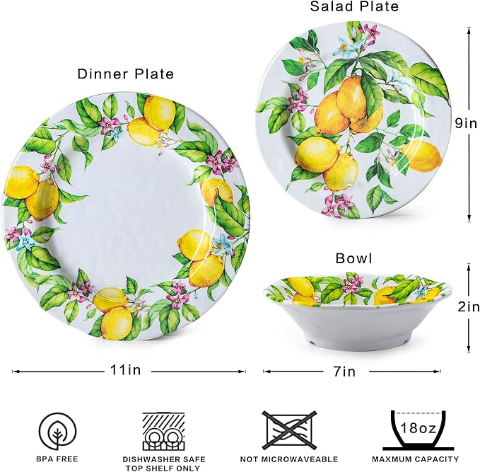 LEHAHA Lemon Melamine Dinnerware Dish Set – 12 Piece Indoor and Outdoor Plates and Bowls Sets for Everyday Use, Dishwasher Safe, Unbreakable Kitchen Dinner Set, Service for 4…