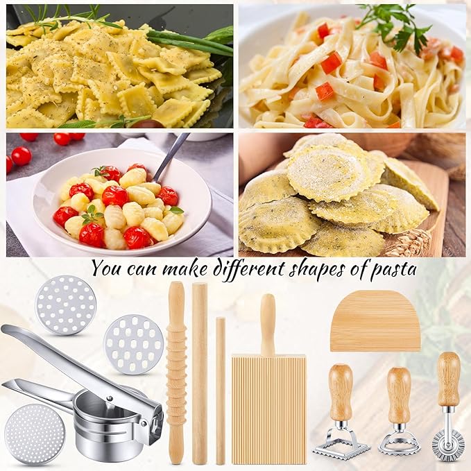 Tioncy 9 Pcs Pasta Making Tools Set Include Wooden Gnocchi Board Potato Ricer Wooden Gnocchi Cutter Ravioli Rolling Pin Pasta Roller Dough Scraper 3 Ravioli Stamp for Kitchen Handmade Gift