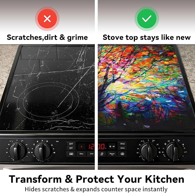 Decorative Stove Top Covers for Electric Stove 28"x20" – Heat Resistant Glass Cooktop Protector Dish Drying Mat – Non-Slip Rubber Backing Washer Top Cover Waterproof Extra Counter Space (Tree 2)