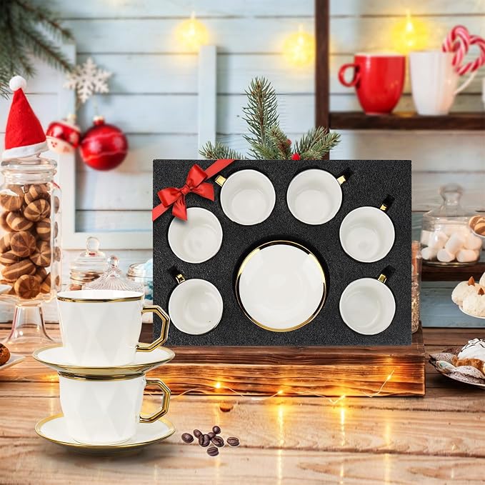 ALIMOTA 3.4oz/100ml Espresso Cups with Saucers, Set of 6, White Porcelain Coffee Cups with Gold Trim & Diamond Texture, Dishwasher Safe, Small Demitasse Cups for Latte, Cappuccino, Tea