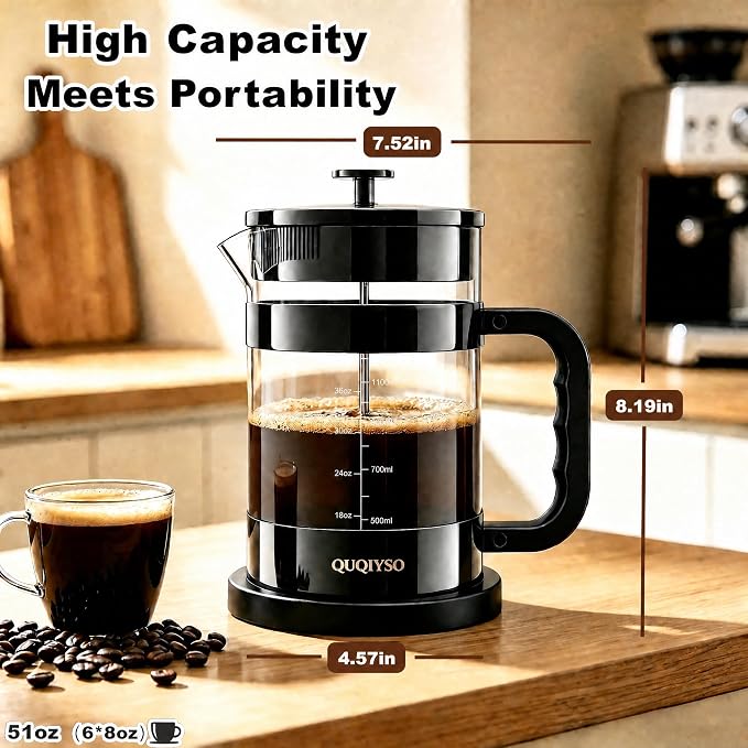 QUQIYSO French Press Coffee Maker – 304 Stainless Steel Filter, 2.8mm Thick Heat-Resistant Borosilicate Glass, Easy to Clean, Large Coffee Press for Home, Office, Party, 51oz, Dark Pewter