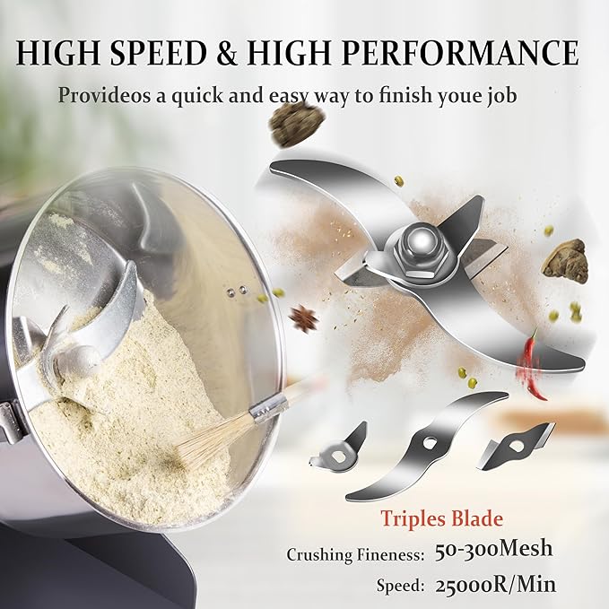 1000g Grain Mill Grinder High Speed Food Grain Mill Stainless Steel Seeds Flour Wheat Nut Spices Corn Pill Herbs & Seasonings Dry Grinder Electric Machine Grinder for Kitchen