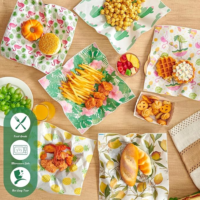 Reallnaive 960 Pcs Summer Theme Wax Paper Sheets 12 x 12 Inch Parchment Deli Tissue Paper Sandwich Wrapping Sheets Food Basket Liners for Kitchen Restaurant Baking Supplies, 6 Styles