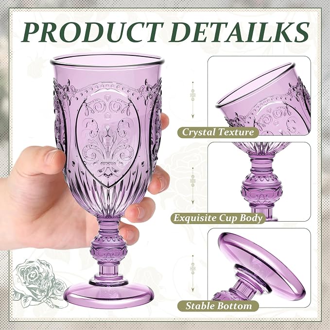 Wiwiqing 24 Pcs Plastic Goblets 7.5oz Vintage Goblet Plastic Wine Glasses Colored Retro Embossed Water Goblets for Wine Bar Juice Baby Shower Wedding Reception Grand Event Party (Purple)