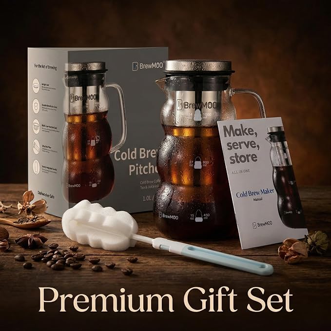 Cold Brew Coffee Pitcher (1.0L/34oz) - Elegant Sleek Wave Borosilicate Glass Pitcher with 100um 304 Stainless Steel Filter & Airtight Lid, Efforless Mannual for Beginner, Sophisticated Gift