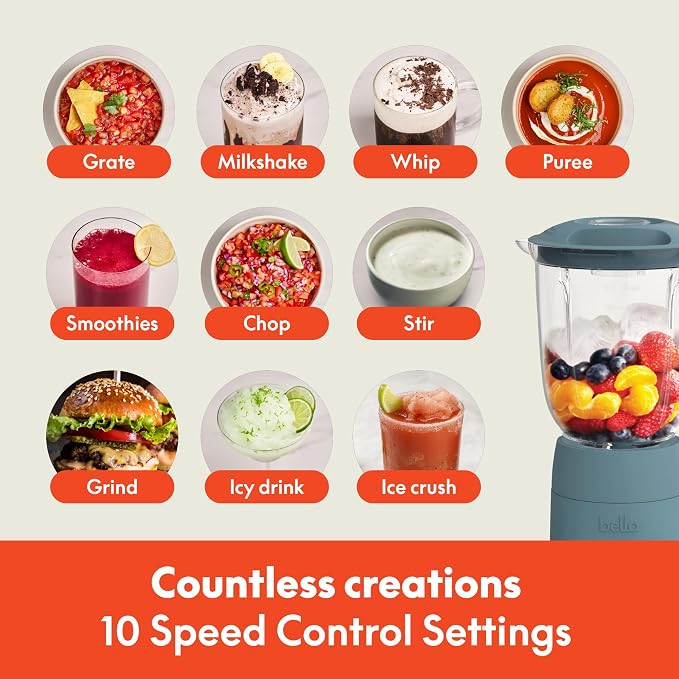 bella 10 Speed Countertop Blender, Juicer & Smoothie Maker, Fits-anywhere™ Kitchenware, Slim Flip & Store Design, Dishwasher Safe 48oz Capacity Pitcher & Lid, Stainless Steel Blade, 450 Watt, Surf