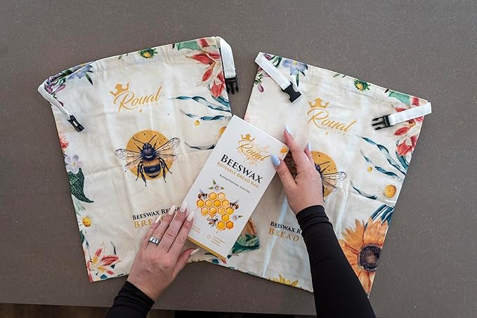 Reusable Beeswax Breads Bag | 2 Pack Organic Sourdough bread bags for homemade bread | Fridge and Freezer friendly Beeswax Lined cotton bag to keep your bread fresh and preserved | 2 XL bread Bags