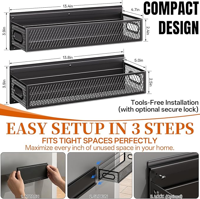 DTUQYX 2-Pack Magnetic Pull Out Laundry Organizer, Slide Out Magnetic Shelves for Washing Machine, Strong Magnet Metal Basket for Washer Dryer Laundry Room, Heavy Duty Widen Spice Rack for Kitchen