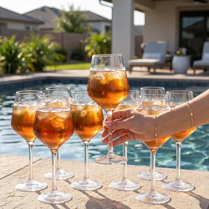 Unbreakable European Style Plastic Crystal, Stemmed Wine Glasses | Set of 8 | Acrylic Tritan Drinkware, Unbreakable Clear Color Shatterproof BPA-free, Reusable, Floating Pool & Indoor & Outdoor, 18oz
