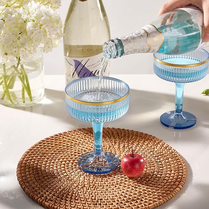 Goodluck 4-Tier Champagne Tower Glasses - 20 PCS 7oz Blue Plastic Champagne Flutes, Plastic Coupe Glasses with Vertical Stripes for Weddings, Celebrations, Parties & Birthdays(Gold Rim)