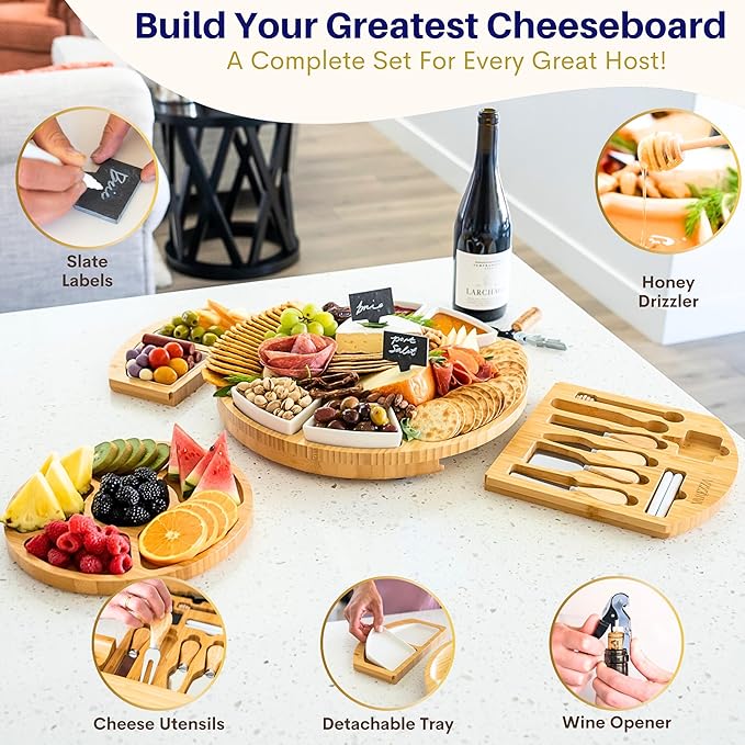 Premium Bamboo Cheese & Charcuterie Board Bundle – Extra Large 16 Inch Round Serving Board + Large Cheese Serving Set with Knife Accessories – Ideal for Entertaining, Gifting & Special Occasions