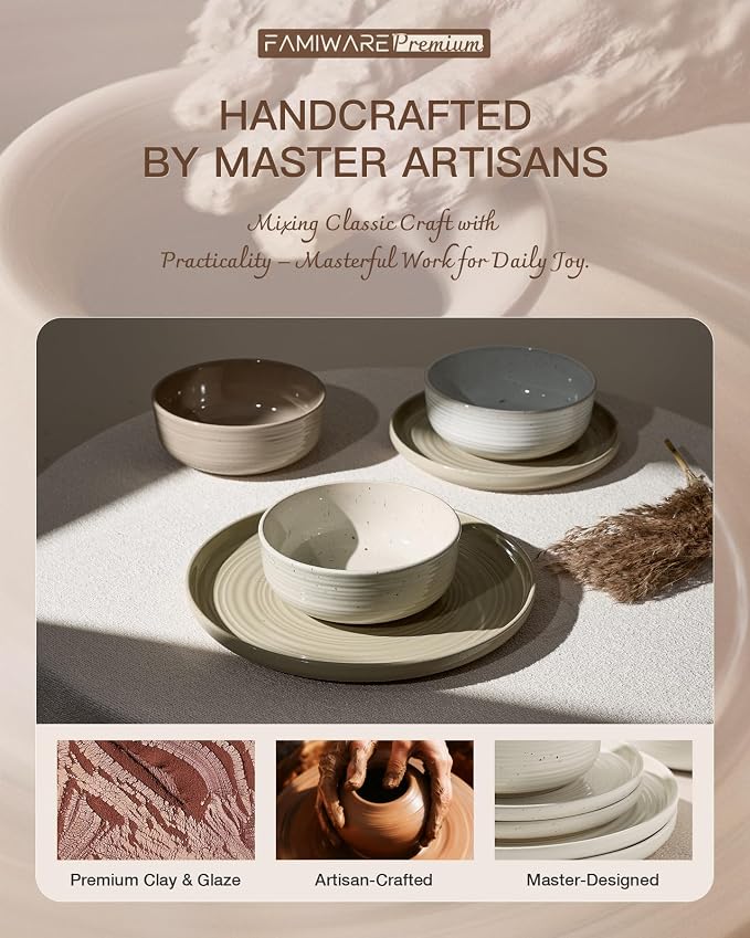 12-Piece Stoneware Dinnerware Sets, Service for 4 - Farmhouse Coupe Plates and Bowls with Speckles & Spirals - Chip & Scratch Resistant, Microwave & Dishwasher Safe, Multicolor