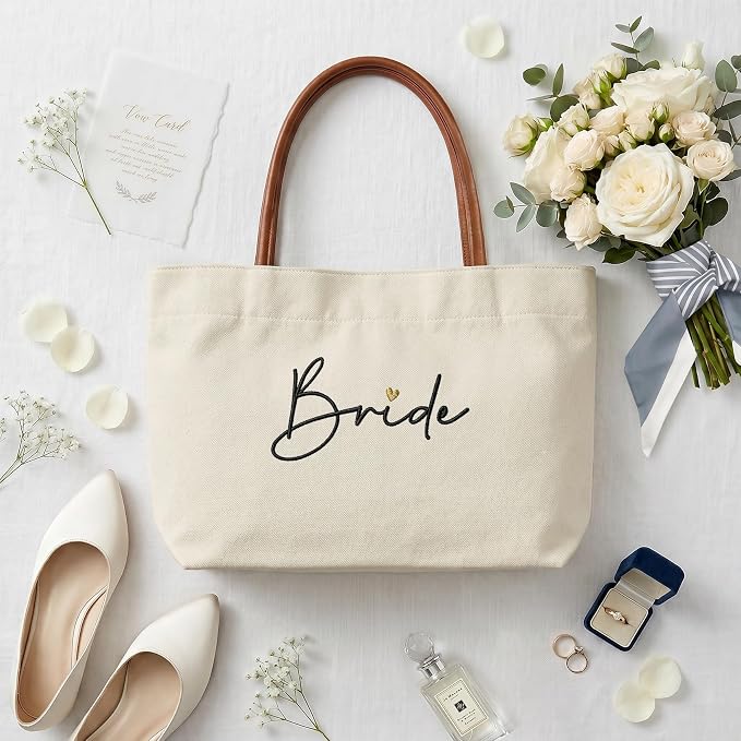 Bride Tote Bag, Embroidered Canvas Wedding Essential Tote, Bridal Shower Engagement Bachelorette Beach Bag
