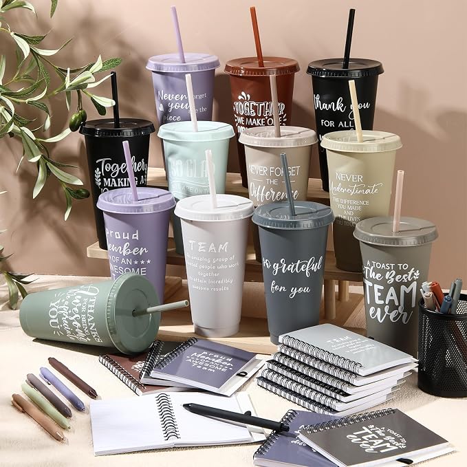 Shellwei 36 Pcs Employee Appreciation Gifts Bulk 24 oz Thank You Tumbler with Lid and Straw Mini Spiral Notebooks and Pens Appreciation Gifts for Team Employee Coworkers Teacher (Teamwork)