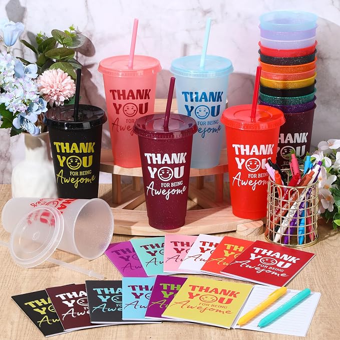 Feifeiya 72 Pcs/ 24 Set Thank You Supplies Bulk 24 oz Staff Coworker Appreciation Tumbler with Lids and Straws Motivational Pens Inspirational Notepads Set Plastic Cups Gift, Thank Cup