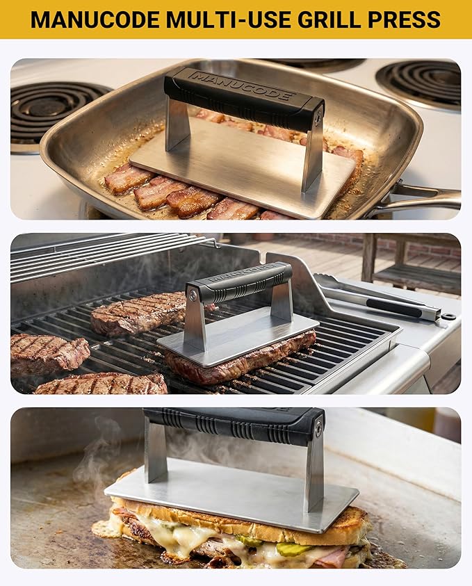 Stainless Steel Burger Smasher 2.50 LB – 8x4.25 Inch Steak Weight for Smash Burgers, Bacon, Sandwiches | Dishwasher Safe, Preheatable Protein Press with Silicone Handle | Commercial BBQ Tool
