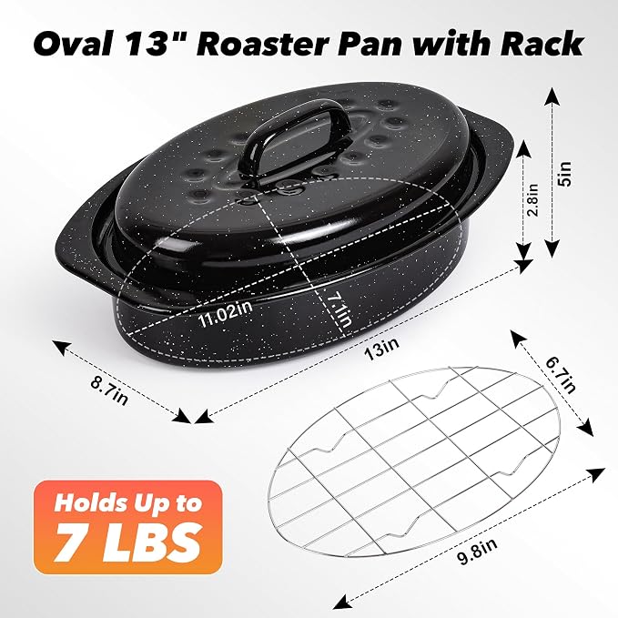 13” Roasting Pan with Lid, Small Enameled Carbon Steel Oven Roaster for Chicken, Turkey, Meat, Bread, Sourdough, Heat Resistant to 572℉, Dishwasher/Induction Safe, including Stainless Steel Oval Rack