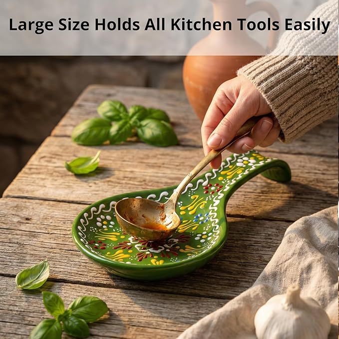 BCS Ceramic Spoon Rest, Large 9” Hand Painted Spoon Holder for Stove Top & Kitchen Counter, Dishwasher Safe & Heat Resistant Utensil Holder, Floral Kitchen Decor, Handmade Pottery