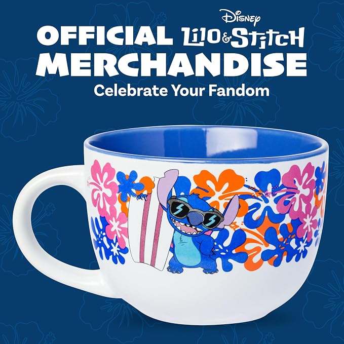 Silver Buffalo Disney Lilo and Stitch Tropical Flowers and Sunnies Shade Ceramic Soup Mug, 24 Ounces