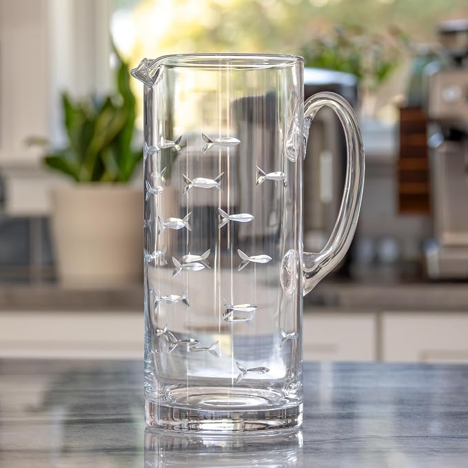 Rolf Glass School of Fish Pitcher | 44oz Glass Pitcher | Diamond Engraved in America | Coastal Fish Design | Lead-Free Glassware