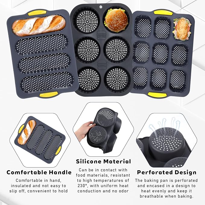 JJUNW Set of 5 Silicone Hamburger Bun Mold, 4/6/9 Cup Silicone Hotdog Bun Pan with Spatula Brush, Mini Baguette Pans Bread Baking Pan for Homemade Hamburger Buns