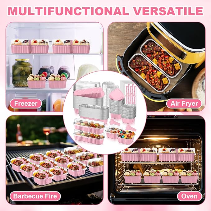 LemonRoad 240 Sets Mini Loaf Pan with Lids and Spoons 6.8oz Rectangular Aluminum Foil Bread Pan 5oz Square Cake Cup with Decal Disposable Baking Supply for Graduate Wedding Birthday (Pink)