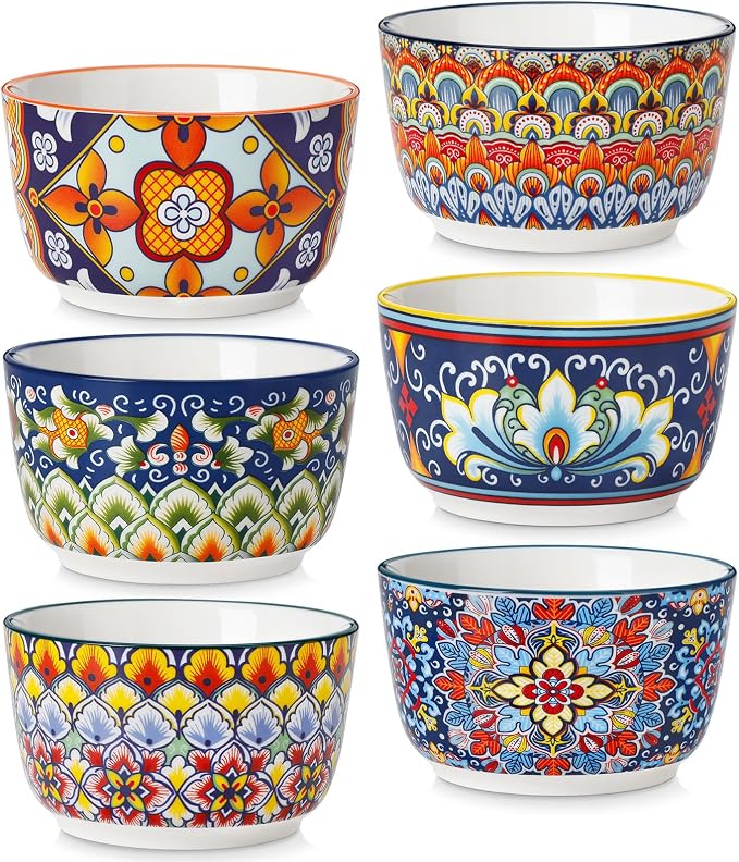 vancasso 8 Oz Ramekins Oven Safe Set of 6, Bohemian Creme Brulee Ramekins, Colorful Souffle Dishes, Pudding Custard Cups for Baking, Small Ceramic Bowls for Snacks, Ice Cream