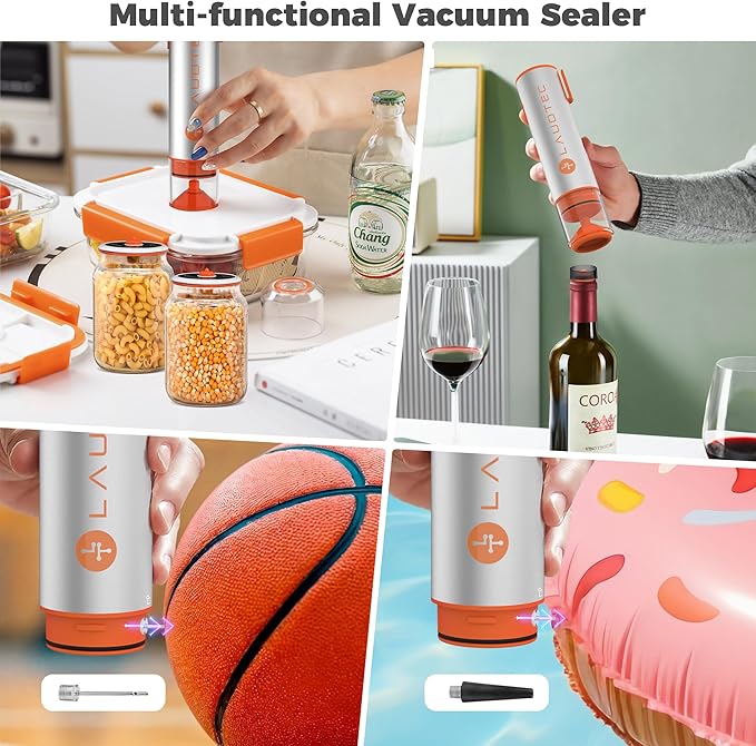 LAUDTEC 2-in-1 Handheld Vacuum Sealer for Food Storage Bags and Mason Jars (Vacuum Sealer + 10 Reusable Storage Bags + 4 Reusable Wide Mouth Jar Lids)