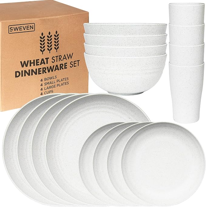 Wheat Straw Dinnerware Sets | Unbreakable Dinnerware Sets | Dishwasher Microwave Safe Dinnerware | Eco Friendly Non Breakable Dinnerware Sets | RV Outdoor Camping (White, Service for 4 (16 pcs))