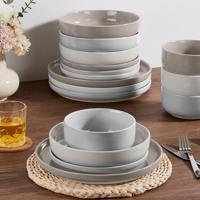HaWare 24-Piece Plates and Bowls Set for 6, Stoneware Dinnerware Sets with Pasta Bowl, Dishes Set for Home Restaurant, Speckled Multicolor