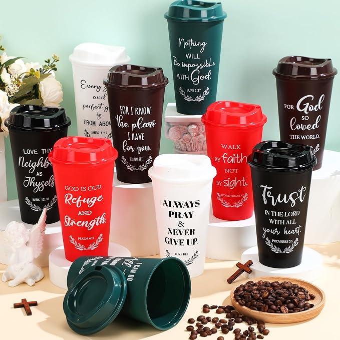 Skylety 60 Pack Bulk Christian Gifts for Men Women 16oz Reusable Bible Verse Tumbler Plastic Coffee Cup with Lid Inspirational Religious Church Gift for Teacher Graduation Party Favor (Classic Color)