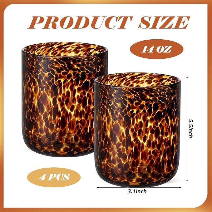 Honeydak Set of 4 Tortoise Leopard Print Glasses Brown Rocks Glasses Stylish Stemless Cocktail Cups Glass Glassware Tumbler Ideal for Gin, Tequila, Vodka, Soft Drinks