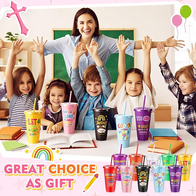 Uiifan 100 Pcs VBS Christian Cups for Kids Bulk, Reusable Plastic Tumblers with Lids and Straws, Bible Verse Cups for Sunday School, VBS, Church Events, Classroom Rewards, Kids Party (Multicolor)