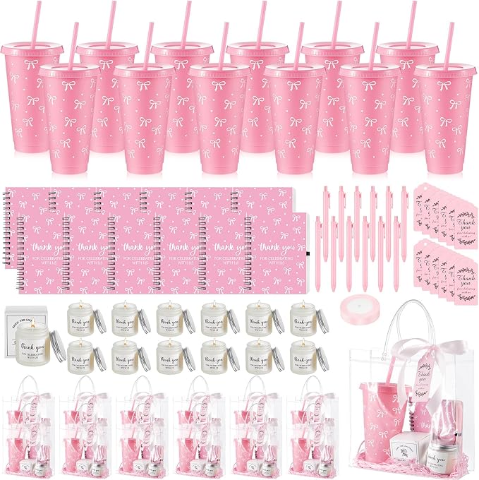Nuogo 12 Sets New Parent Shower Prizes for Player Winners Adult, Wedding Bridal Shower Gift, Plastic Tumbler Notebook Scented Candle Ballpoint Pen Bag (Pink Color,Bow Style)