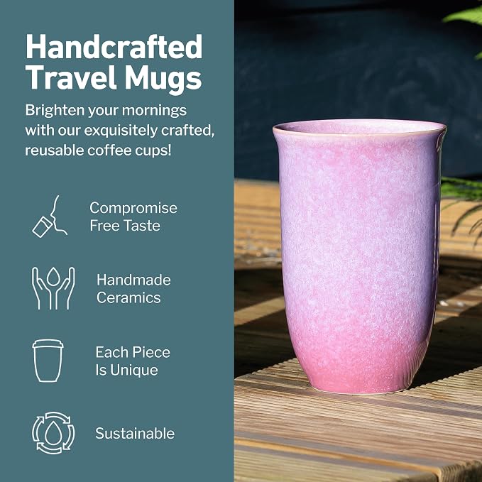 NOVA CERAMICS Coffee Travel Mug – Cup Holder Friendly Travel Mug– Microwave & Dishwasher Safe White & Purple Tumbler - Coffee Mug Fits In Cup Holder – 12oz – Astral Bloom